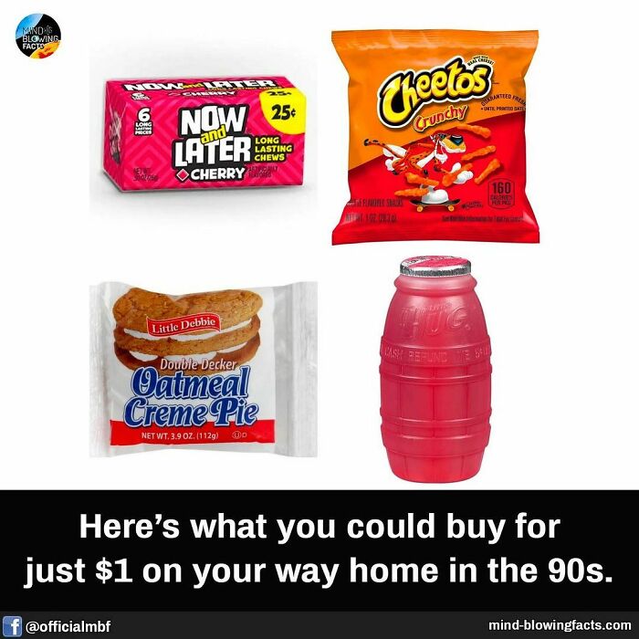 Assortment of popular 90s snacks illustrating amazing facts shared on an Instagram page about nostalgia and value.