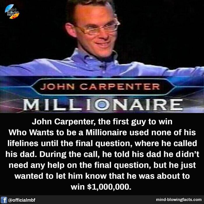 Man smiling on Who Wants to Be a Millionaire, featured on Instagram page sharing amazing facts.