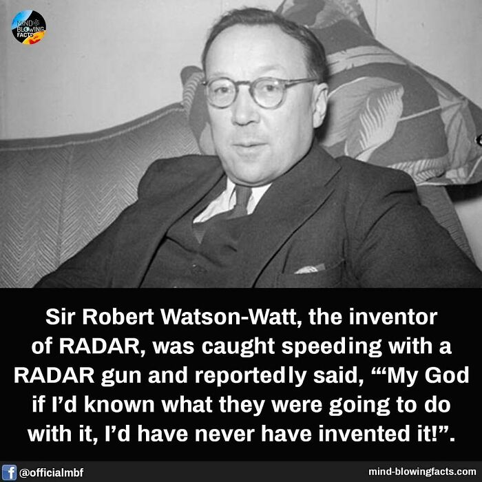 Black and white photo of Sir Robert Watson-Watt, inventor of RADAR, with text sharing an amazing fact about him.