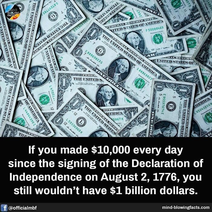 Hundreds of one-dollar bills scattered with a text fact about money and billion dollars from an amazing facts Instagram page.