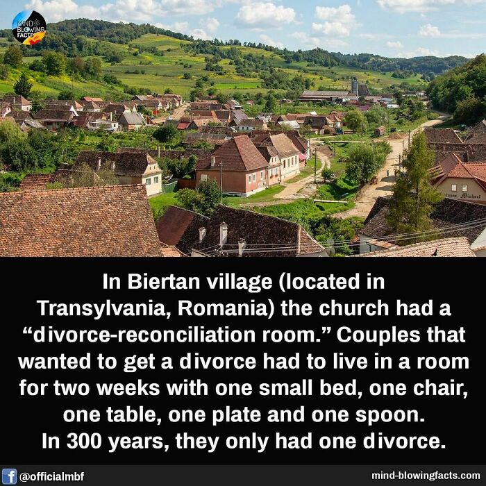 Scenic view of Biertan village in Transylvania with text sharing an amazing fact about unique divorce-reconciliation rooms.