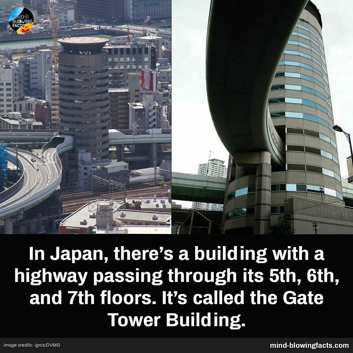 Gate Tower Building in Japan with a highway passing through its 5th, 6th, and 7th floors, a unique architectural fact.