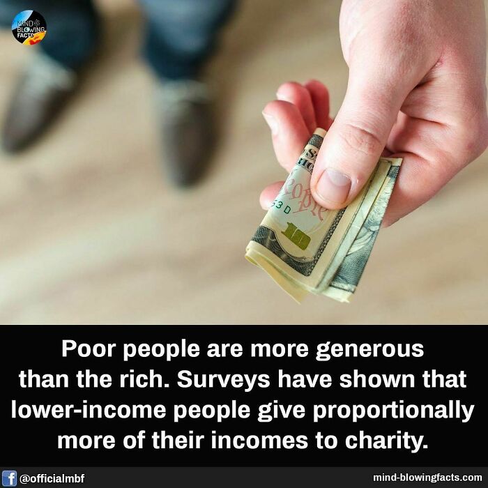 Hand holding folded cash showing generosity of lower-income people giving more proportionally to charity – amazing facts.