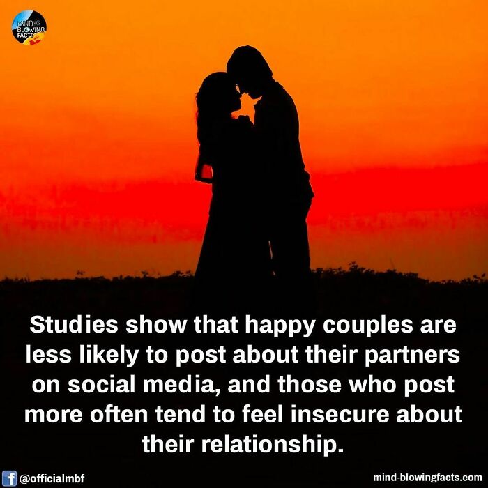 Silhouette of a couple at sunset with a fact about social media and relationship insecurity from an Instagram facts page.