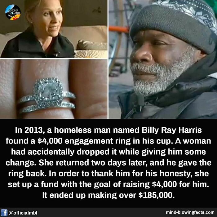 Homeless man returns $4,000 ring, inspiring an amazing true story shared on Instagram facts page.