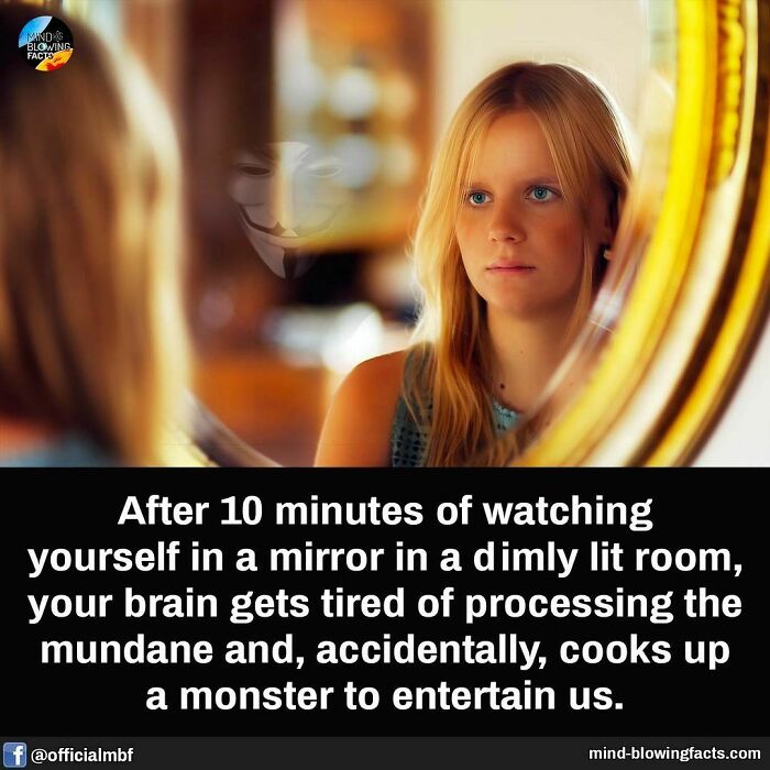 Young woman looking into a mirror with a faint monster face reflection illustrating amazing facts shared on Instagram.