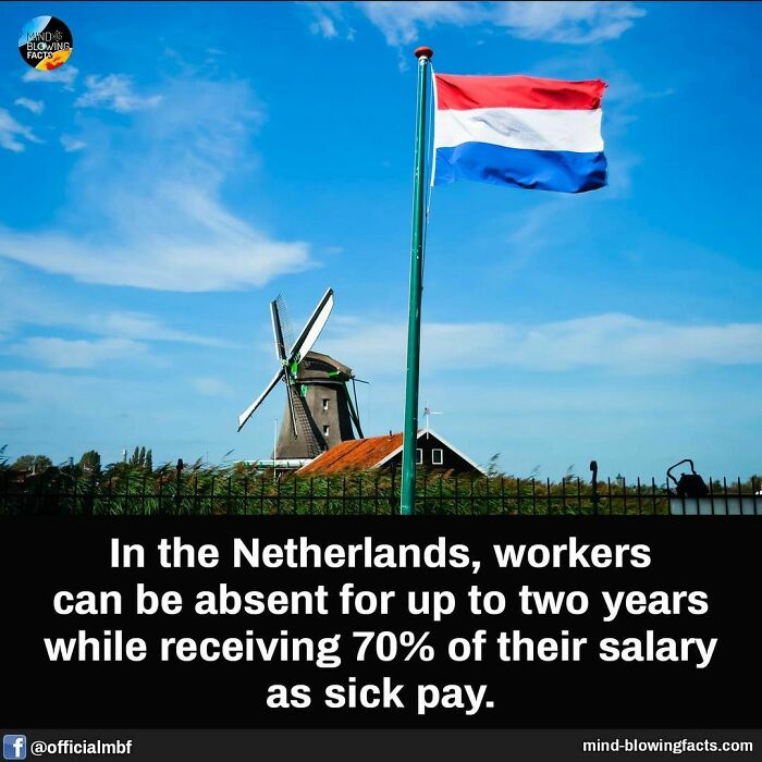 Dutch flag and windmill with text about workers receiving 70% salary as sick pay in the Netherlands from amazing facts Instagram page.