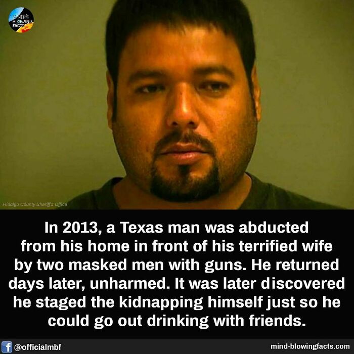 Man with goatee in a mugshot image illustrating a mind-blowing fact about a staged kidnapping from an Instagram facts page.