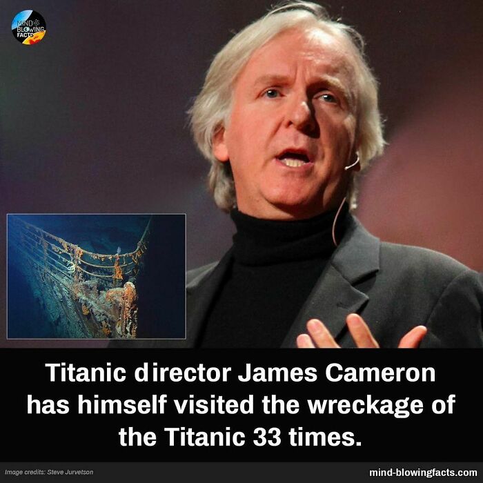 Man speaking with headset microphone alongside image of Titanic wreckage, sharing amazing facts about the Titanic.