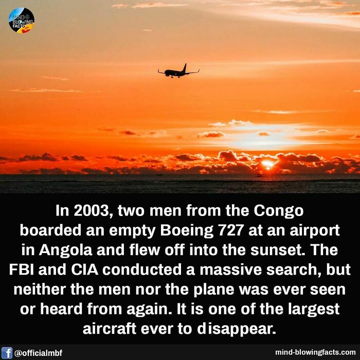 Airplane flying into sunset with amazing facts about a mysterious Boeing 727 disappearance featured on Instagram.