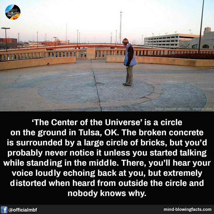 Person standing in the Center of the Universe circle in Tulsa experiencing unique echo, shared on amazing facts Instagram page.