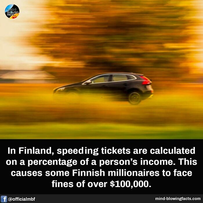 Black car speeding on a blurred autumn road with a fact about Finnish speeding tickets on income-based fines.