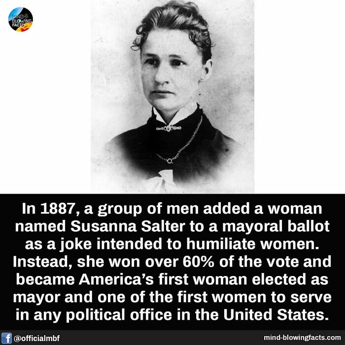 Black and white photo of Susanna Salter with text about her becoming America’s first woman mayor, amazing facts from Instagram page.