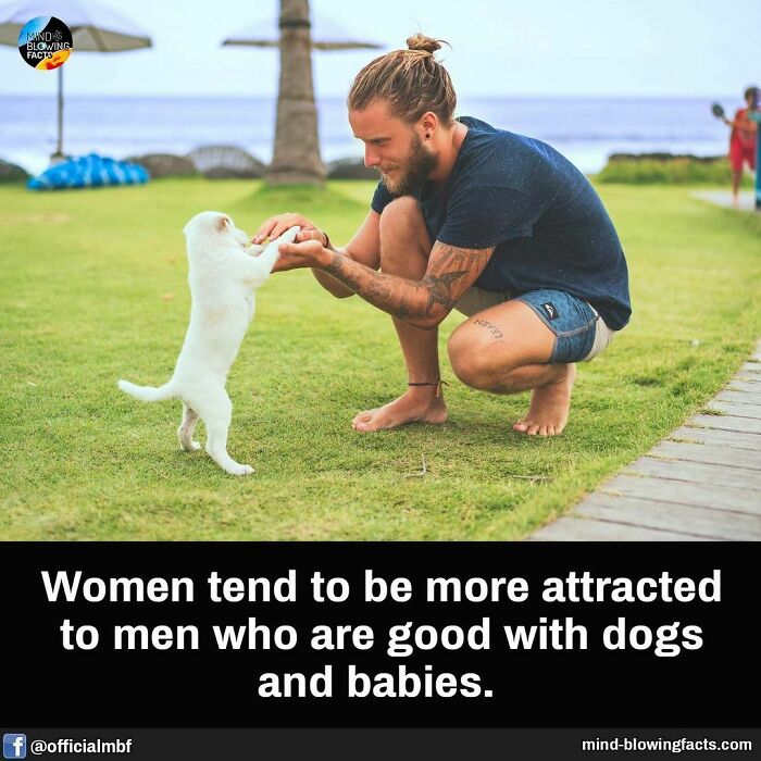 Man playing with a white puppy on green grass, illustrating amazing facts shared on Instagram page with engaging content.