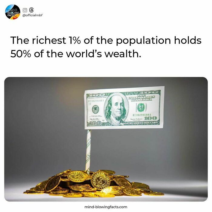 Pile of gold coins with a hundred dollar bill flag illustrating wealth facts from an Instagram page sharing amazing facts.