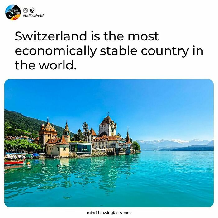 Scenic view of Switzerland highlighting its economic stability shared on an Instagram page with amazing facts.