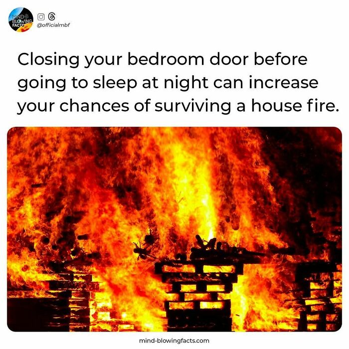 House fire with intense flames illustrating facts shared on an Instagram page about safety and survival tips.