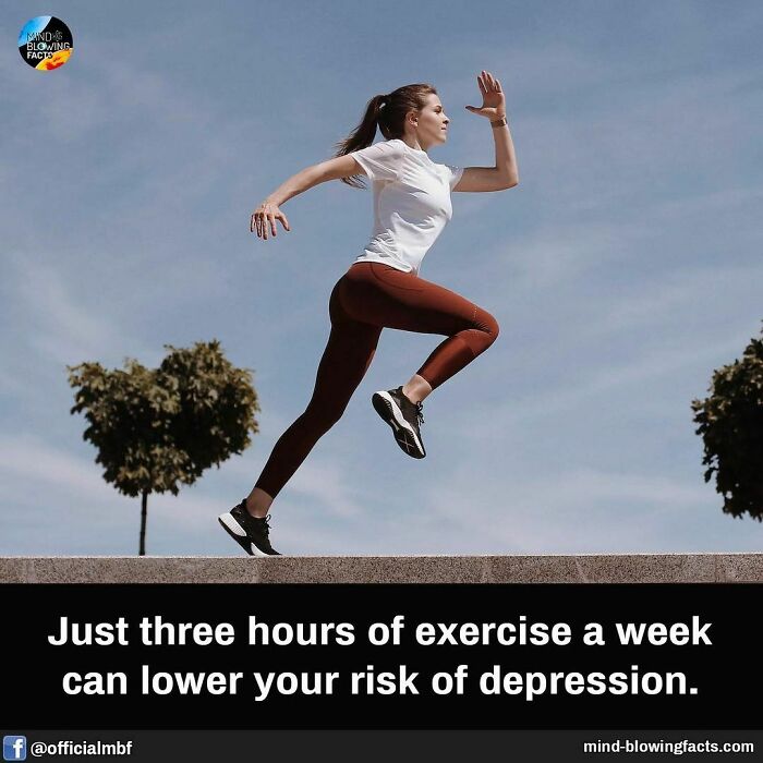 Woman running outdoors under blue sky illustrating amazing facts about exercise lowering depression risk.