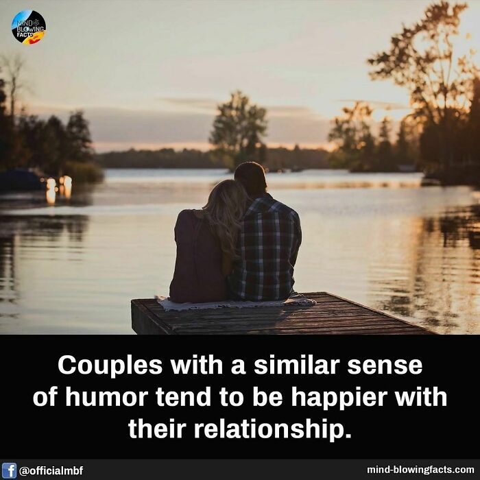 Couple sitting by lake at sunset with caption about happiness in relationships shared on Instagram facts page.