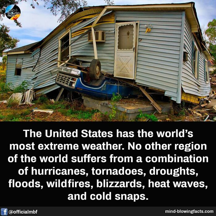 Damaged house crushed by overturned car illustrating extreme weather facts from an Instagram page sharing amazing facts.