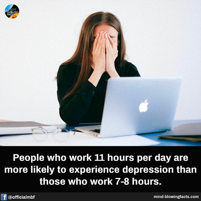 Woman at laptop covering face with hands showing stress, illustrating amazing facts about work hours and depression risk.