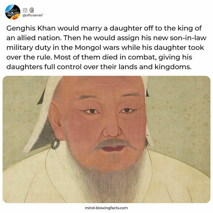 Ancient painting of Genghis Khan with a text sharing amazing facts about his family and Mongol wars on Instagram.