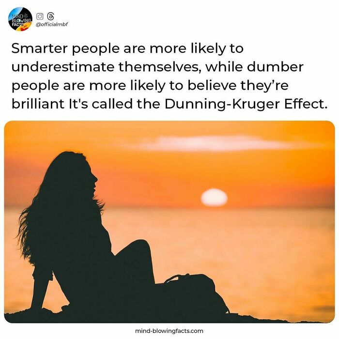 Silhouette of a person at sunset with text about the Dunning-Kruger Effect on this amazing facts Instagram page.