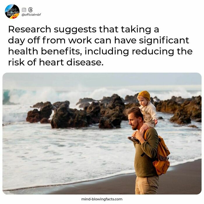 Man carrying child on shoulders walking on beach with waves and rocks, sharing amazing facts about health benefits of rest.