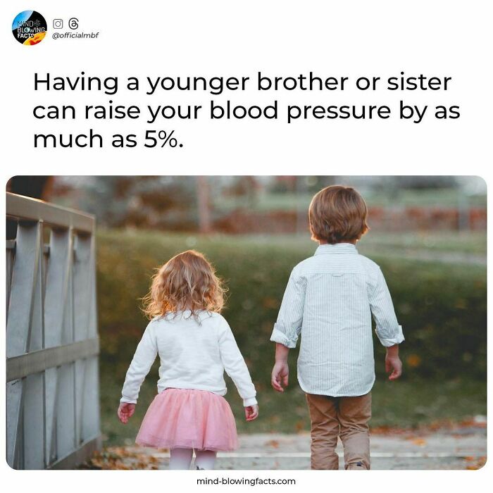 Two young siblings walking outdoors with a fact about blood pressure from an Instagram page sharing amazing facts.