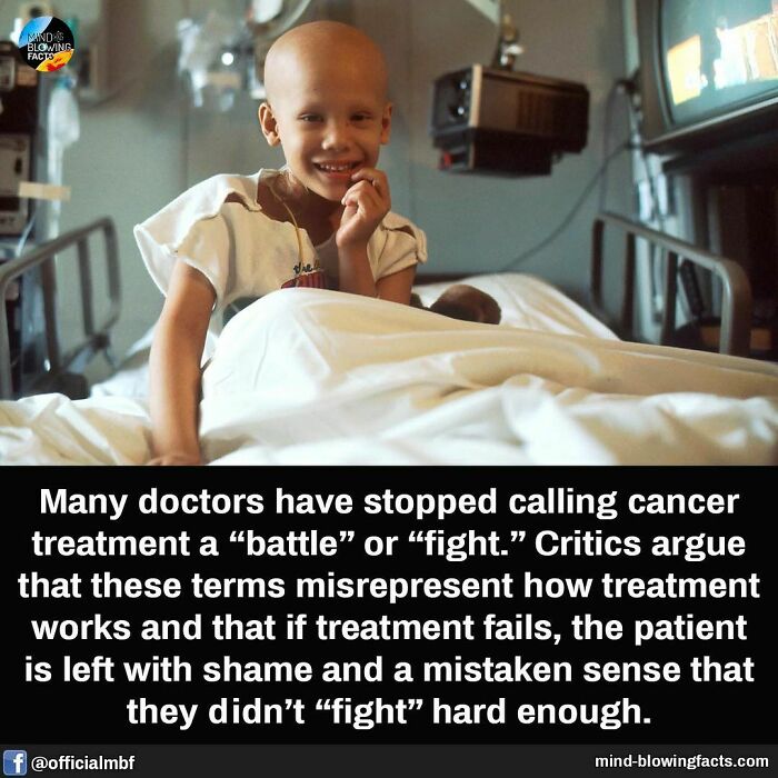 Smiling child in a hospital bed with a fact about cancer treatment language shared on an Instagram page of amazing facts.