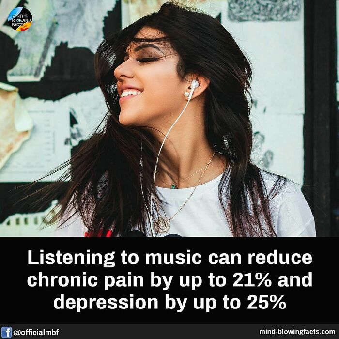 Young woman smiling with earphones, illustrating amazing facts about music reducing chronic pain and depression.