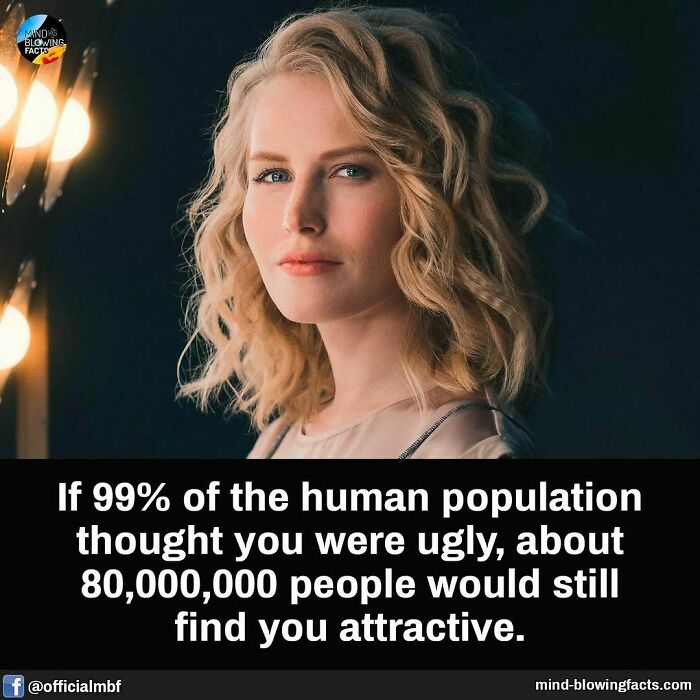 Blonde woman with curly hair beside lights illustrating mind-blowing facts about human attraction and population.