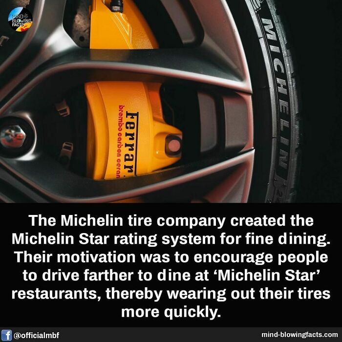 Close-up of a Ferrari brake caliper and Michelin tire illustrating mind-blowing facts about the Michelin Star rating system.