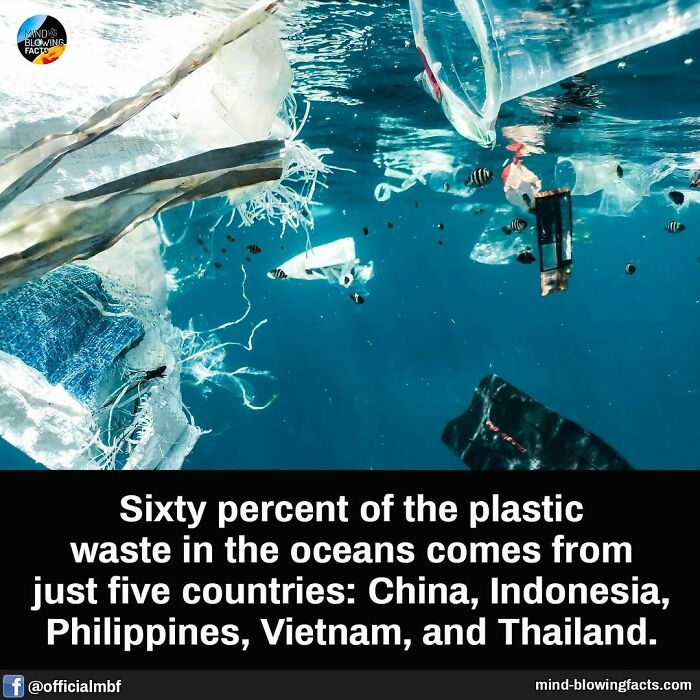 Underwater ocean pollution with plastic waste from countries including China and Indonesia affecting marine life.