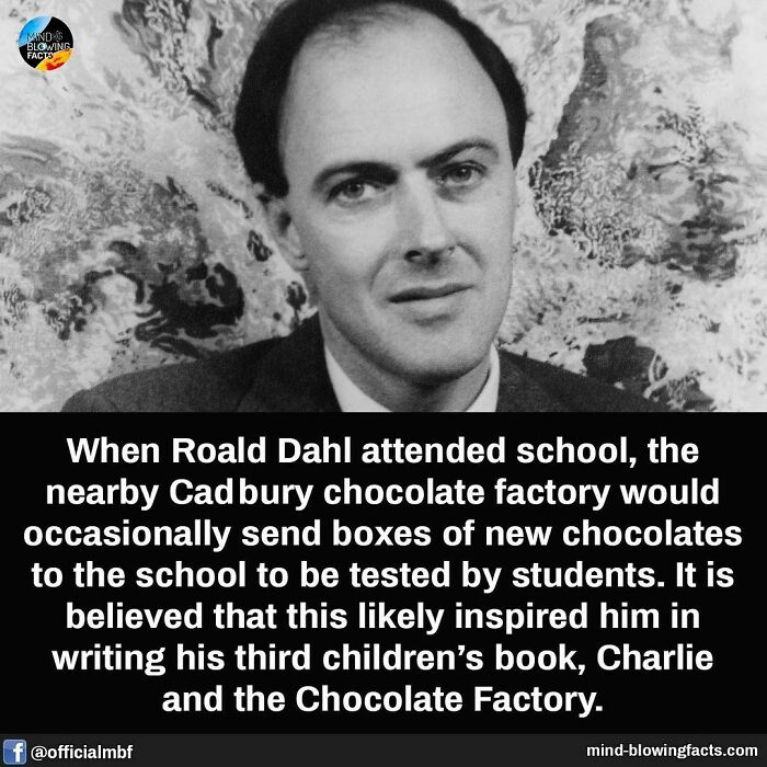 Black and white photo of Roald Dahl with a mind-blowing facts text about Cadbury chocolates inspiring his book.