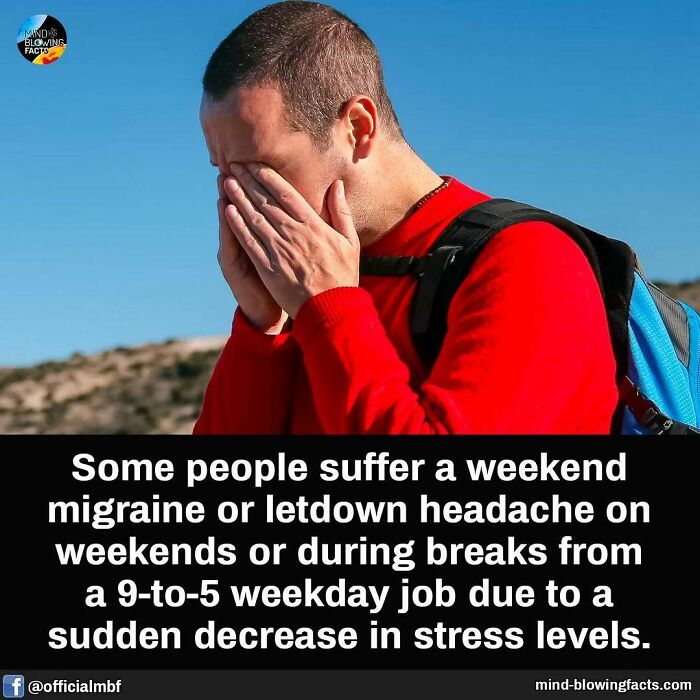 Man in red sweater with backpack covering his face, illustrating a mind-blowing fact about weekend migraine and headaches.