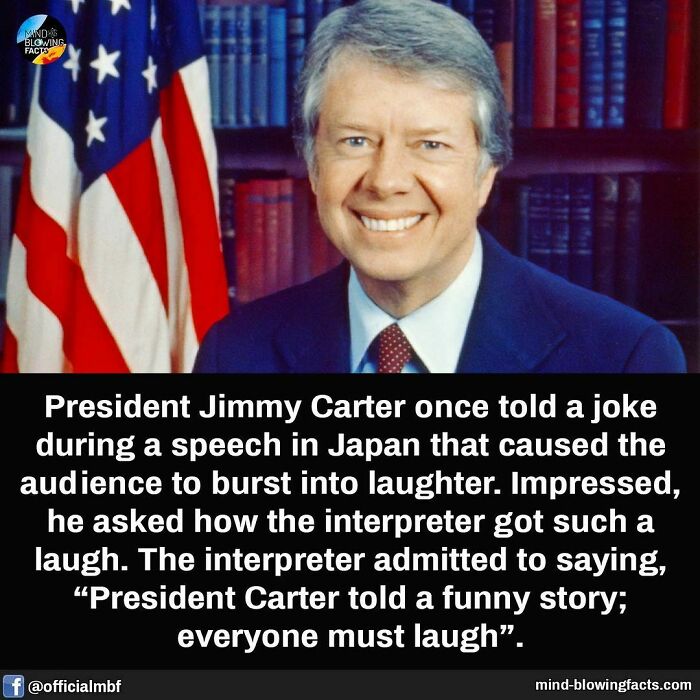 Portrait of President Jimmy Carter smiling with an American flag background, illustrating a mind-blowing fact post.