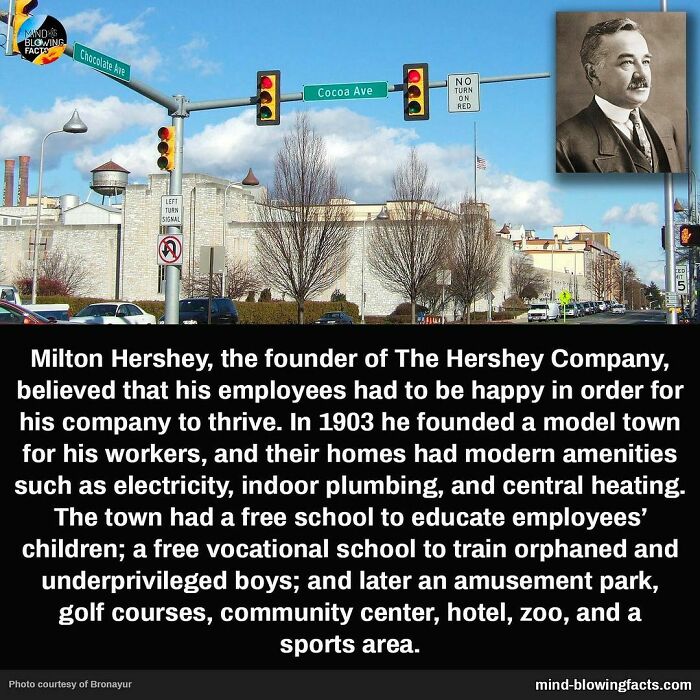 Street signs for Chocolate Ave and Cocoa Ave with a historical photo of Milton Hershey and facts about his company's model town.