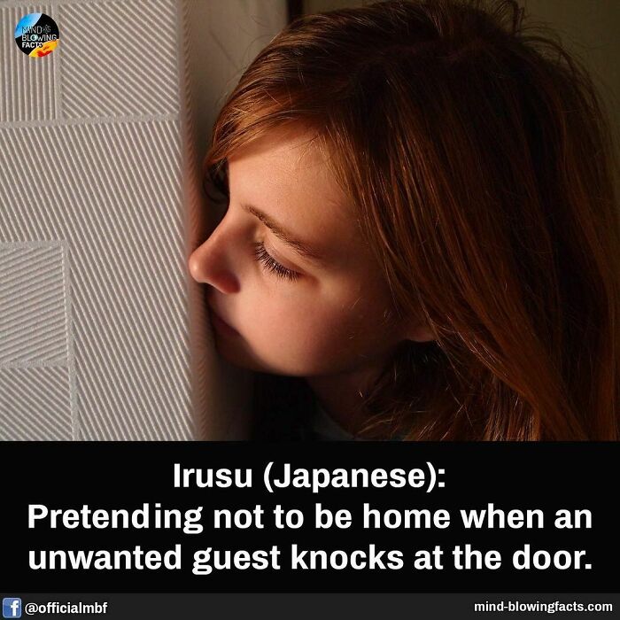 Young woman resting face against a door, illustrating a mind-blowing fact about pretending not to be home from unwanted guests.