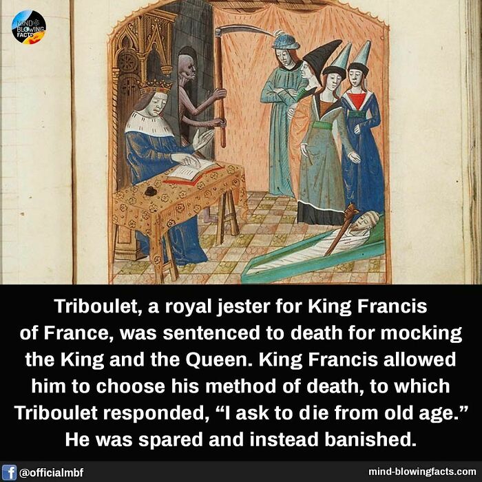 Medieval illustration showing a royal jester sentenced to death but spared, a mind-blowing fact from history.