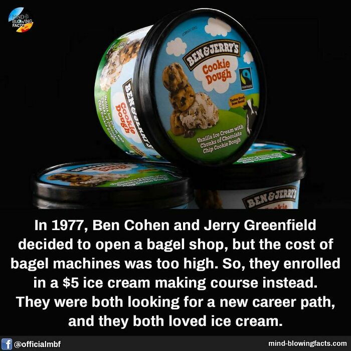 Three Ben & Jerry’s Cookie Dough ice cream containers stacked, illustrating mind-blowing facts about the brand’s origin.