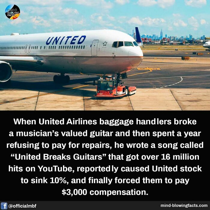United Airlines plane on runway with text about the mind-blowing fact of United Breaks Guitars viral story.