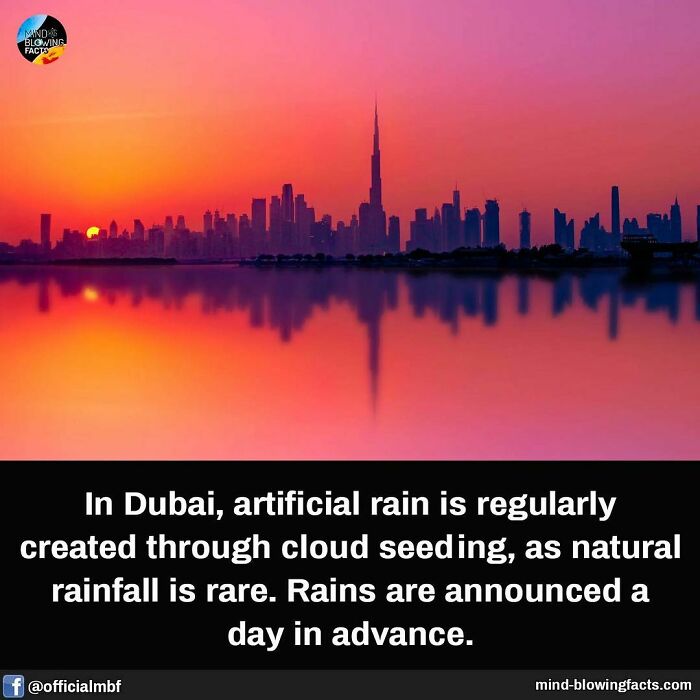 Dubai skyline at sunset with a reflection, illustrating a mind-blowing fact about artificial rain and cloud seeding.