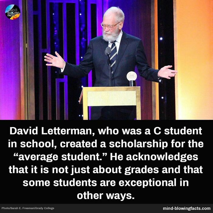 David Letterman creating a scholarship for average students, highlighting unique talents beyond grades in mind-blowing facts.
