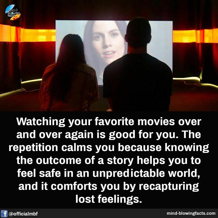 Two people watching a movie in a dark room illustrating mind-blowing facts about comfort and repetition.