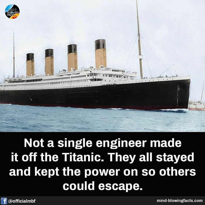 Titanic ship in water with mind-blowing facts about engineers staying to keep power on for escape.