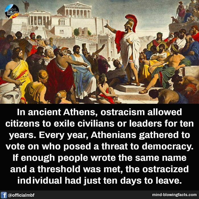 Ancient Athens scene depicting ostracism voting to exile civilians, a mind-blowing fact from historical democracy practices.