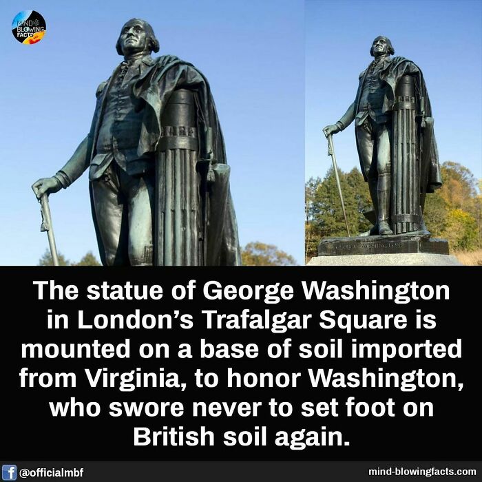 Statue of George Washington in London on soil from Virginia, a mind-blowing fact honoring his vow against British soil.