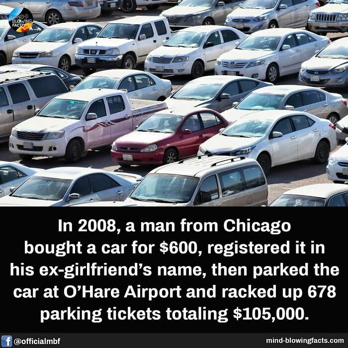 Parking lot full of cars with a fact about a man racking up $105,000 in parking tickets at O'Hare Airport.