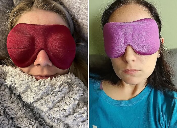 Two women wearing colorful, padded eye masks, showcasing random things that are surprisingly useful.